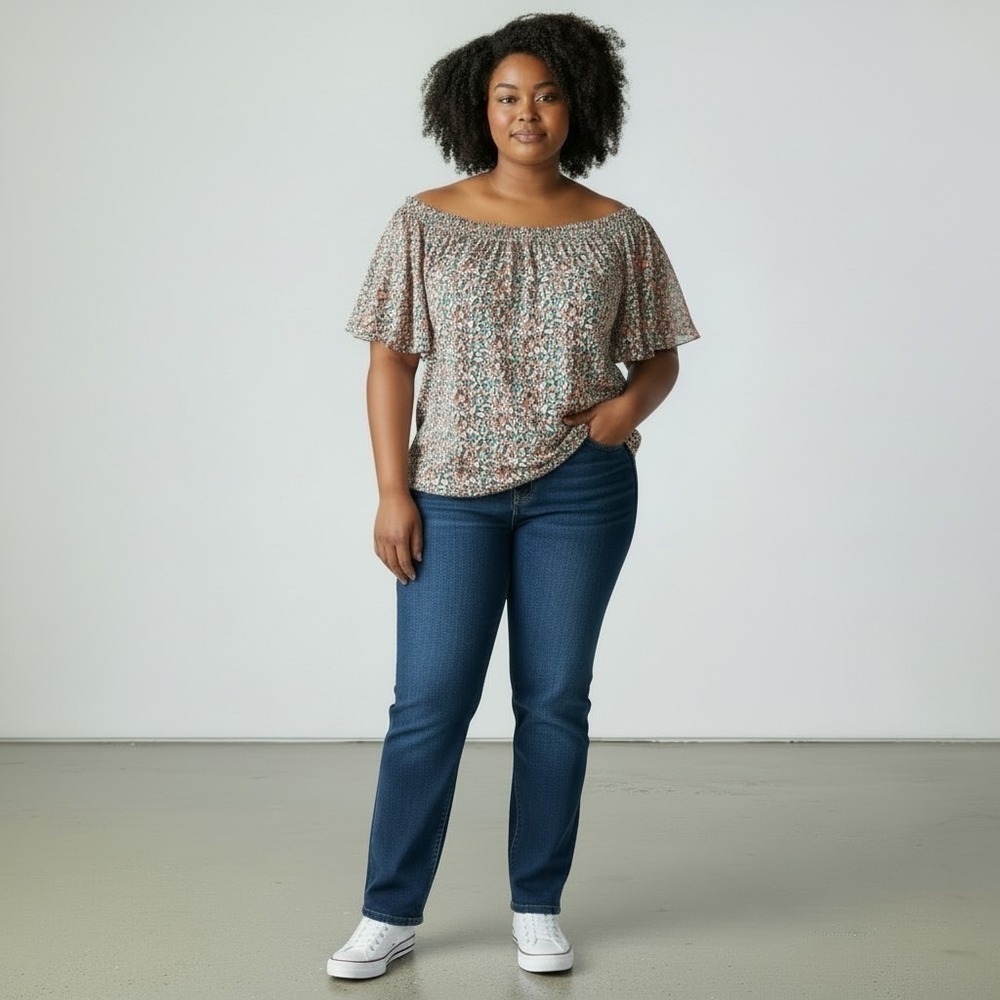 Lane Bryant Women's 14/16 Confetti Print Off Shoulder Elastic Neck Peasant Top